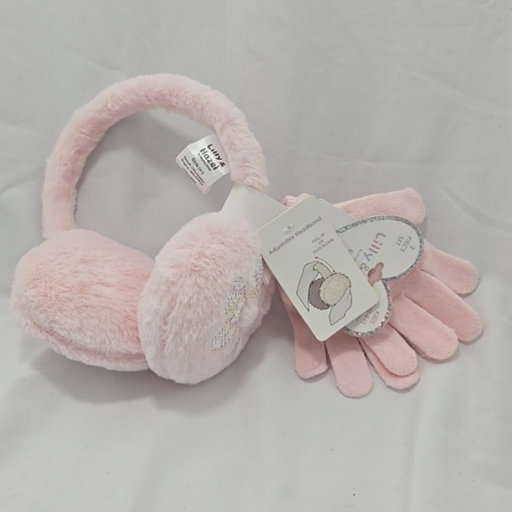 NWT Lilly & Hazel 2 Piece Set Adjustable Soft Earmuff And Gloves Pink Girls 4+
